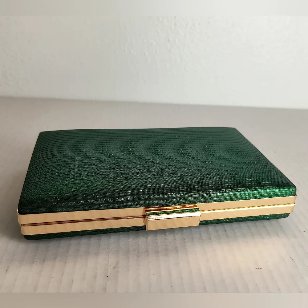 Shimmer Emerald Gold Tone Satin Evening Clutch Square Bag Metal Strap
